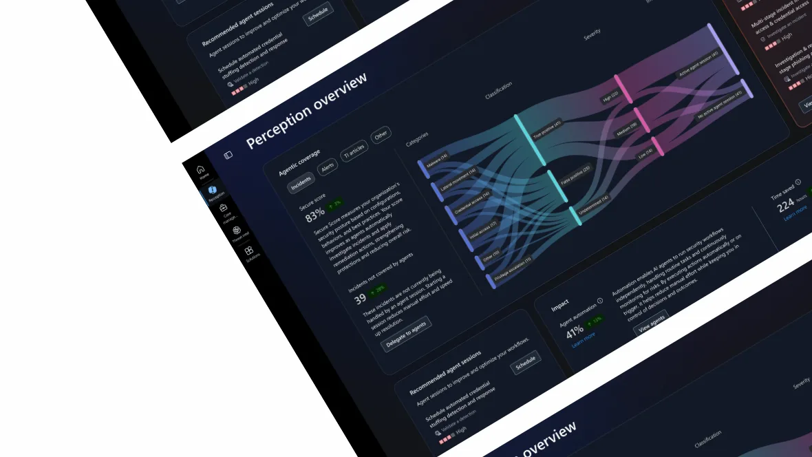 The Project Perception overview in Microsoft Defender, shown at an angle: agentic coverage with a flow diagram of incidents through to investigation status.