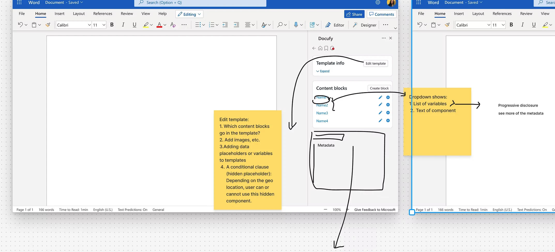 Annotated exploration of the content blocks panel, with notes on editing templates, dropdown contents, and conditional clauses that vary by geography.