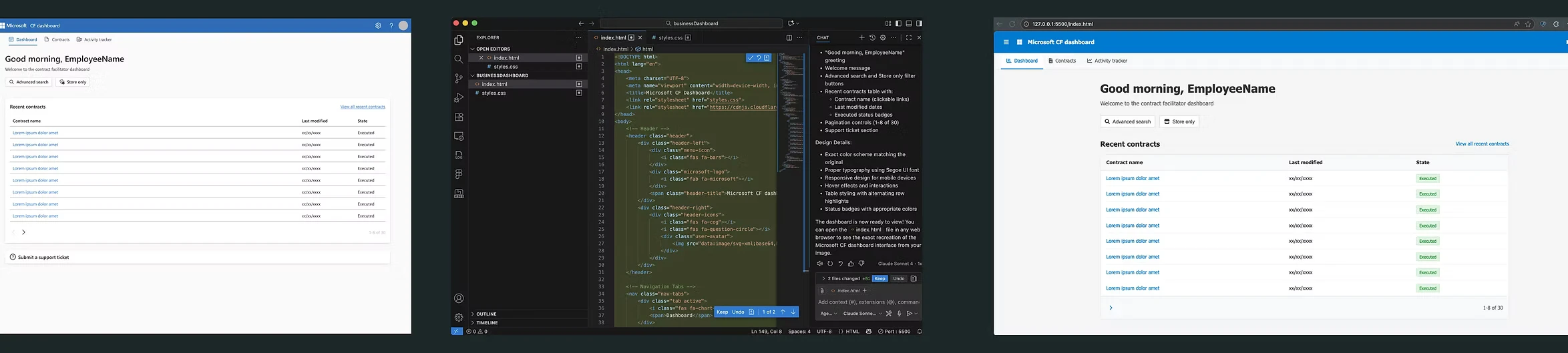 Three windows side by side: the Figma design of the contracts dashboard, the same screen being built in VS Code with an AI assistant pane open, and the coded version running live in a browser.
