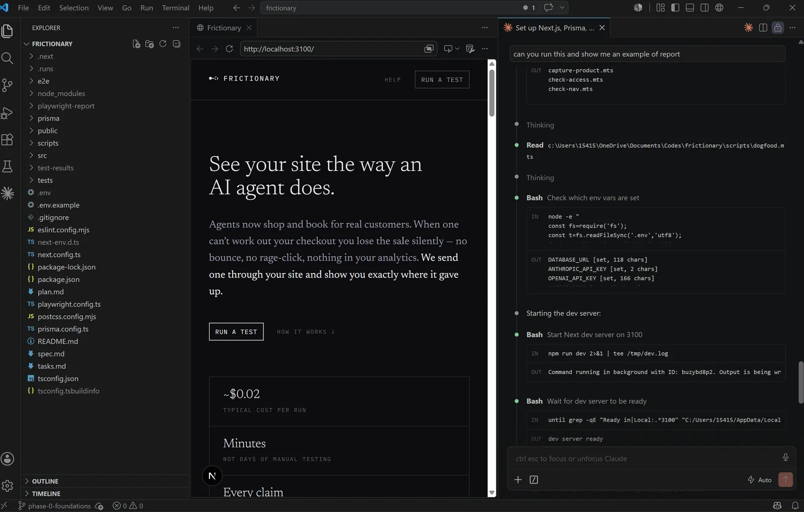 The working environment: VS Code with the Frictionary repository open, the running product on localhost beside it, and an AI pair-programming session in the right-hand pane.
