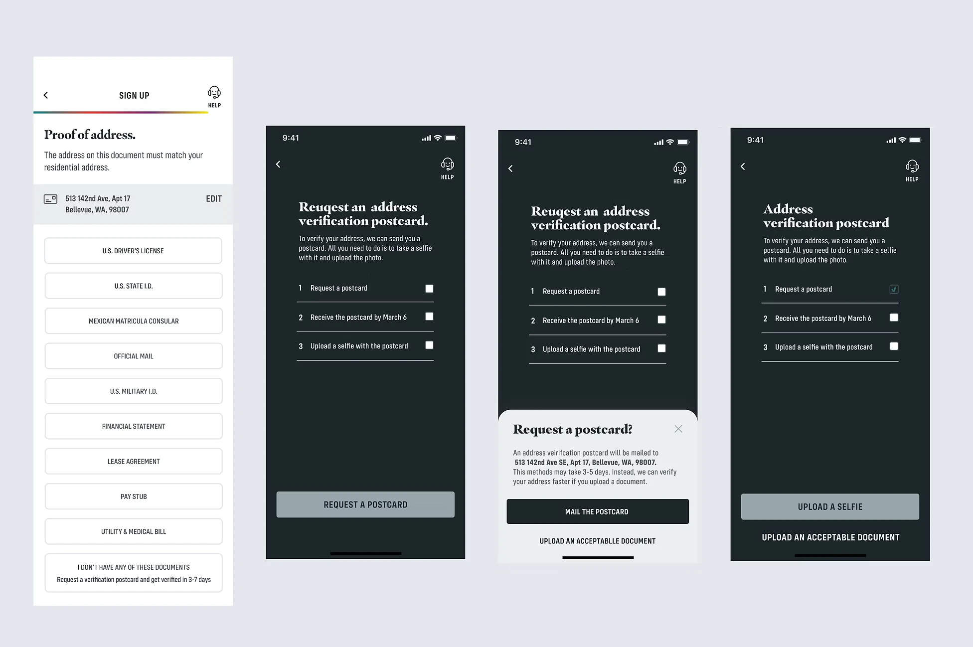 Four screens showing the proof-of-address flow: entering an address, requesting a verification postcard, and uploading an acceptable document instead.