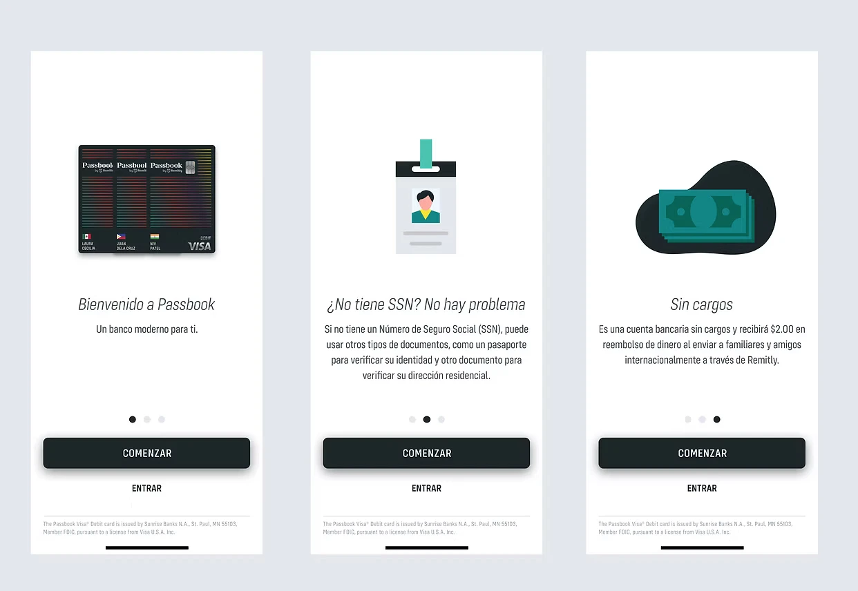 Three Spanish-language onboarding screens: Bienvenido a Passbook, ¿No tiene SSN? No hay problema, and Sin cargos.
